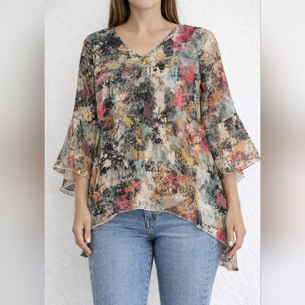 Dor Dor Couture Tunic Womens Medium Multicolor Abstract Mesh Bell Sleeve V-Neck